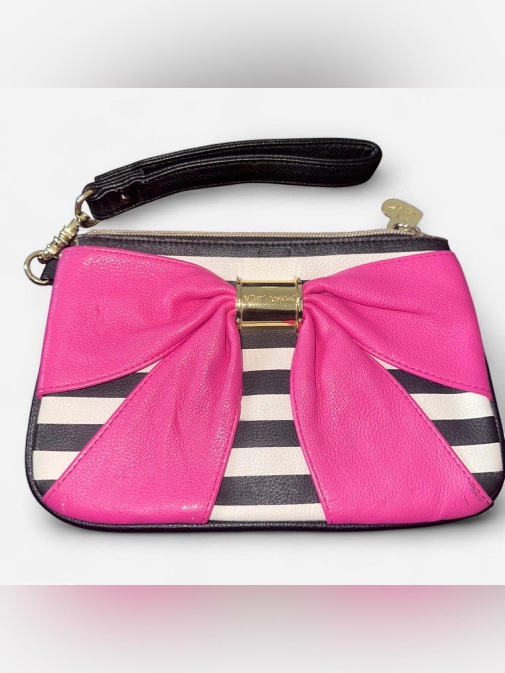 Betsey Johnson Pink Bow Black & White Stripe Wristlet